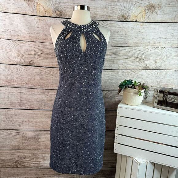 Eliza J Women's Halter Dress Size 4 Silver Rhinestone Embellished Neck Formal‎ - Picture 1 of 7